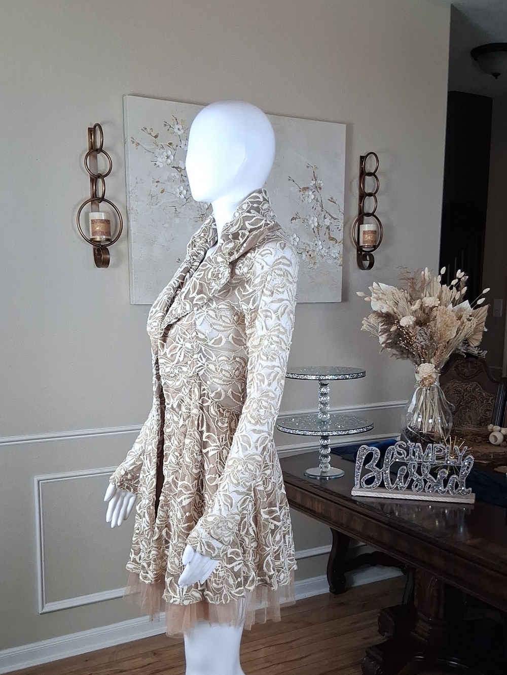 Women's Ivory And Tand Floral Lace Fit-and-Flare Coat Dress Tulle Trim Small - Picture 8 of 16